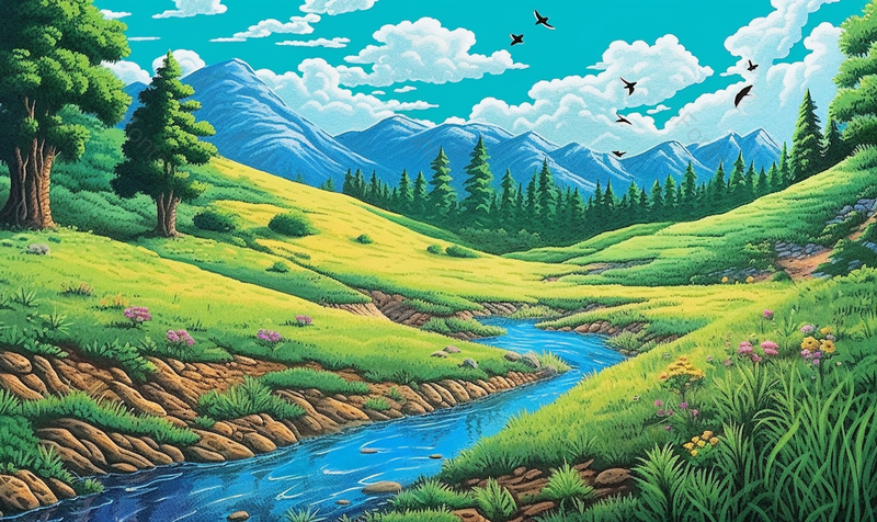 河流山丘森林春季夏季节气乡村户外田野风景绿色清爽清凉插画,插画/手绘图,插画/手绘图库,插画/手绘图下载,插画/手绘